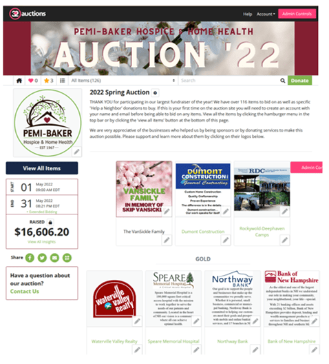 Pemi-Baker Hospice & Home Health Auction '22 example home page